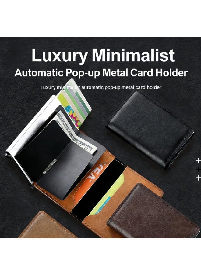 Arabest Wallets for Men, Pop up Men's Simple Genuine Leather Wallet Rfid Blocking, Credit Card Holder Anti-Theft, Slim, Minimalist, Front Pocket, Id Window (Black+Brown） - Image 2